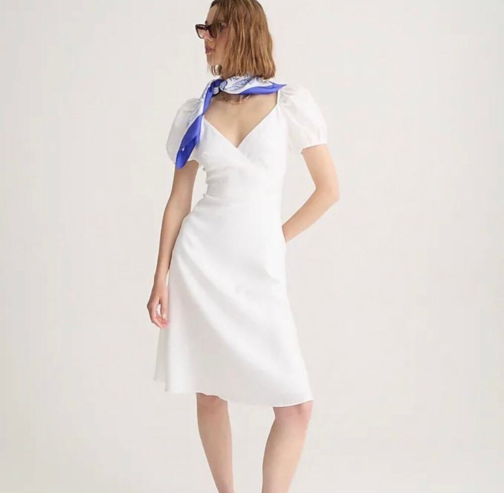 New NWT J.Crew Puff Sleeve V-Neck Linen Midi Dress White Size 8
